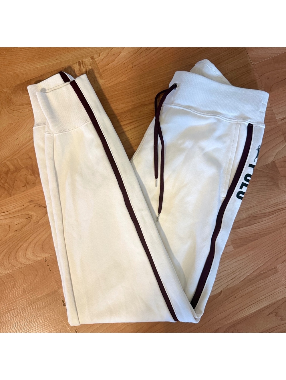 Polo Ralph Lauren Logo Side Stripe Jogger Sweatpants Cream Ivory burgundy Small